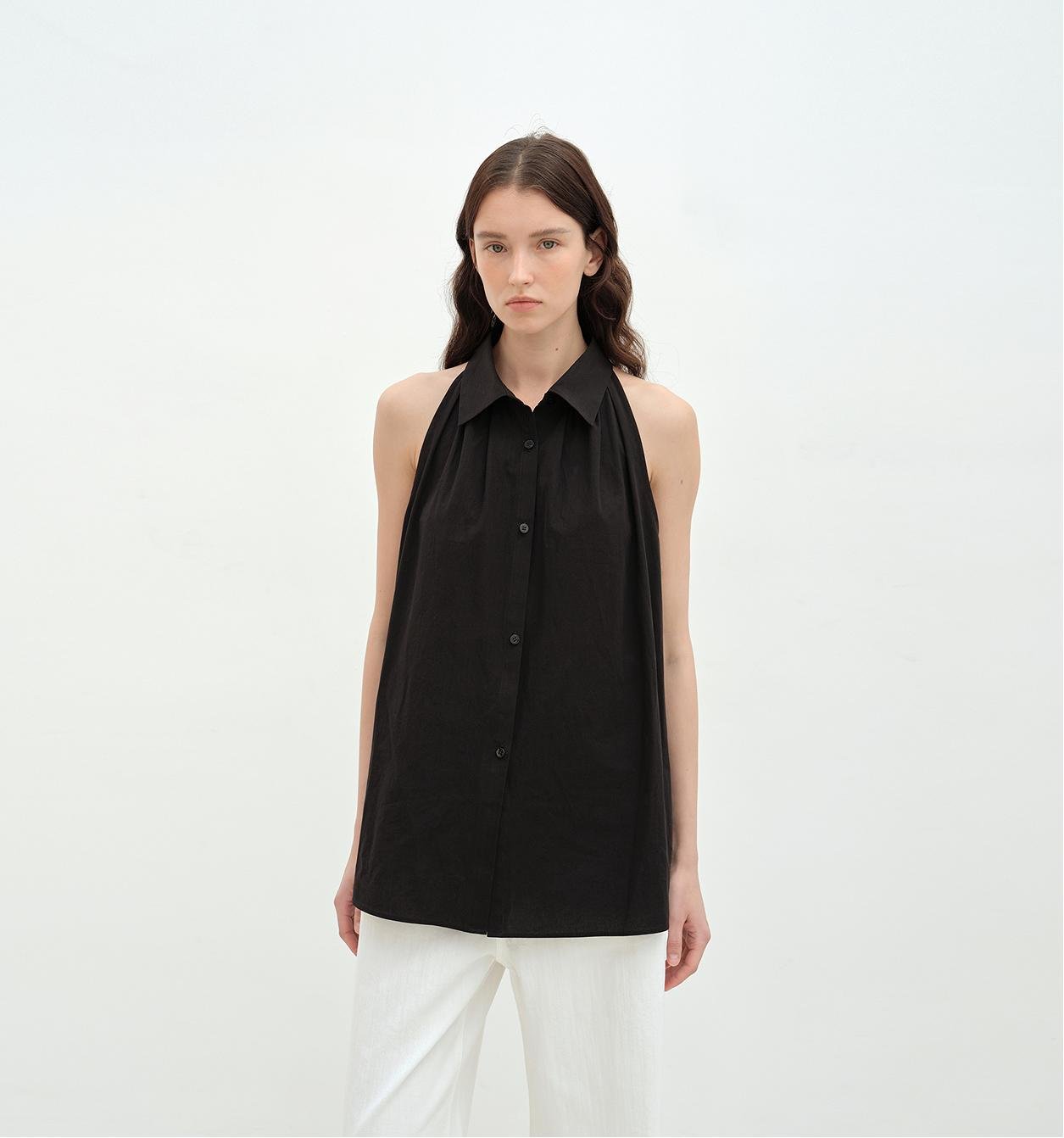 "Poland Island" imported pure cotton stand - up collar sleeveless striped shirt temperament top for women - UrbanNest Co