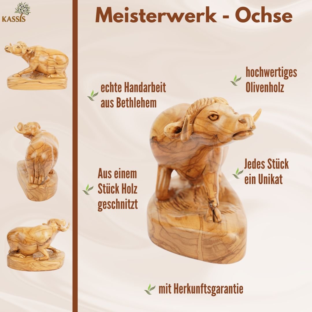 Handgeschnitzter Ochse aus Olivenholz – Exklusive Holzskulptur aus Bethlehem (18 cm) - UrbanNest Co