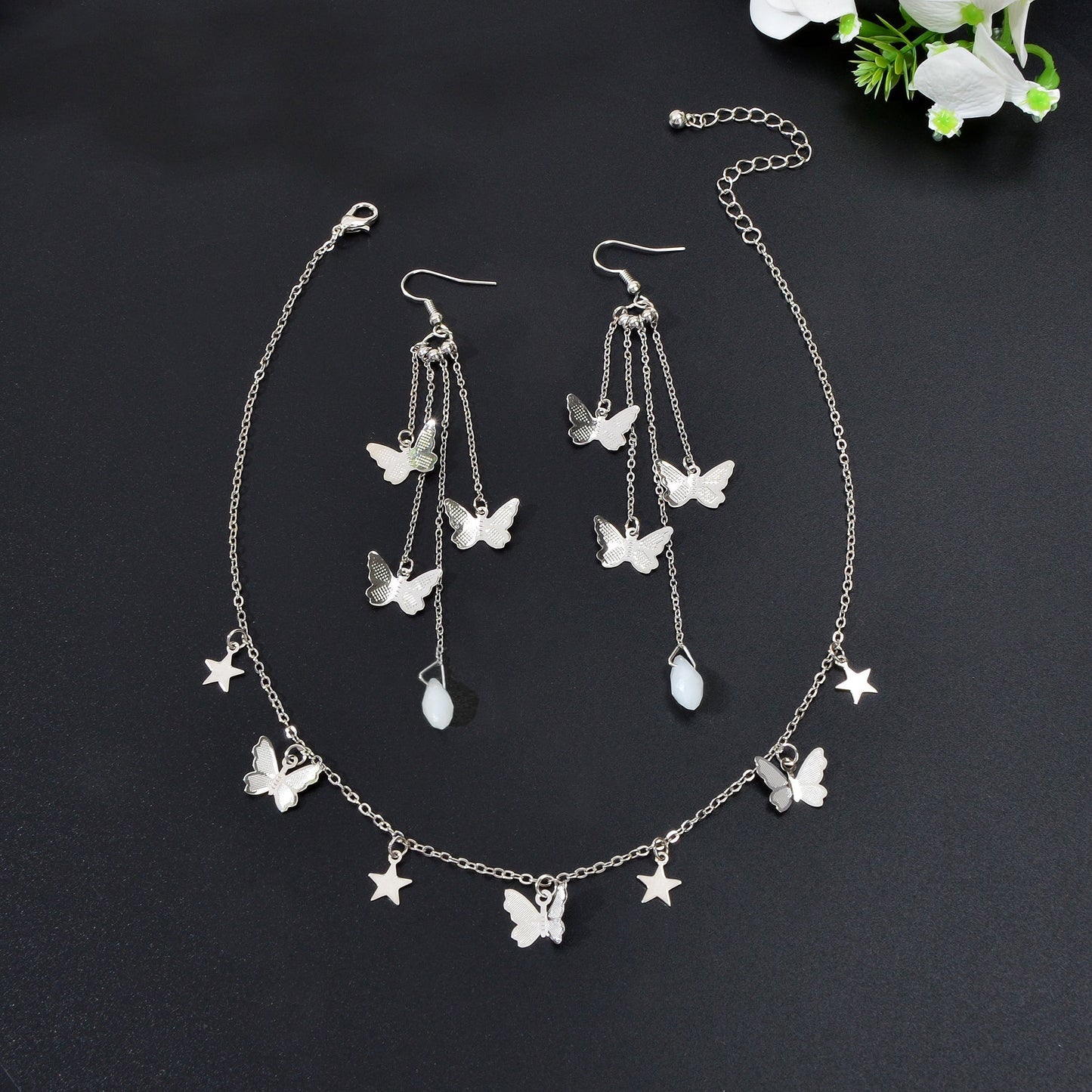 Silvery Chain Star Butterfly Charm Necklace Long Chain Tassel Butterfly Earrings Party Jewelry set - UrbanNest Co