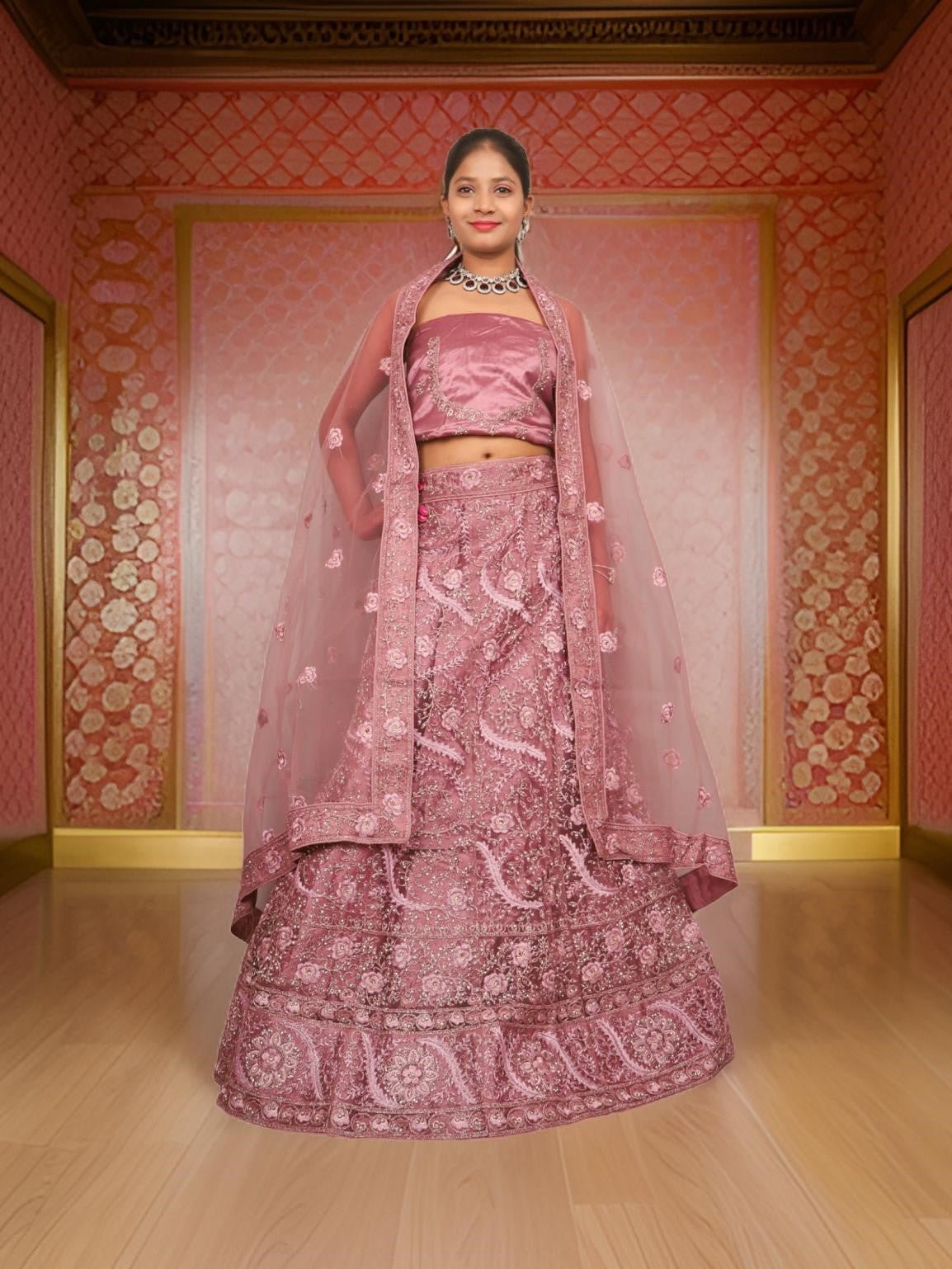 Semi - Stitched Lehenga with American Diamond & Zari Thread Work by Shreekama - UrbanNest Co