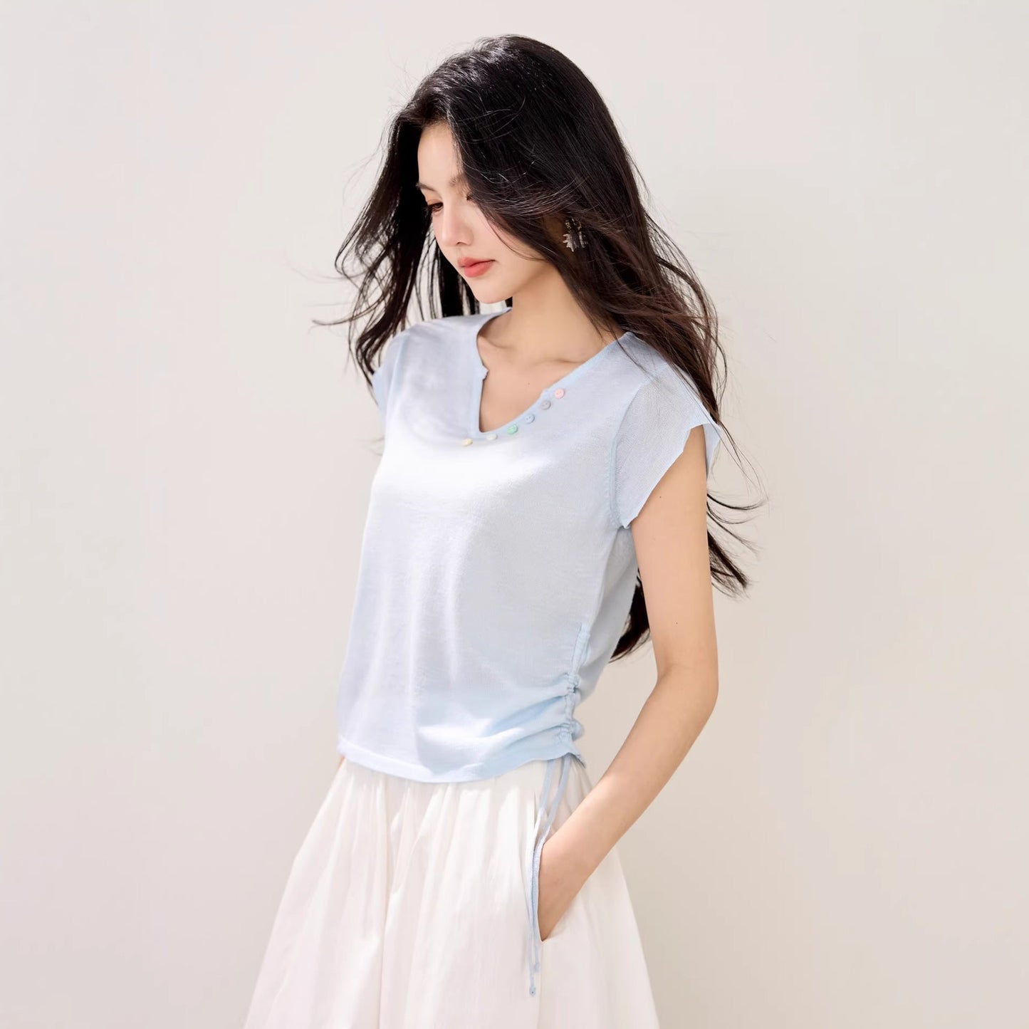 Lightweight drawstring knit sweater for women unique half - open collar top, fashion trend - UrbanNest Co