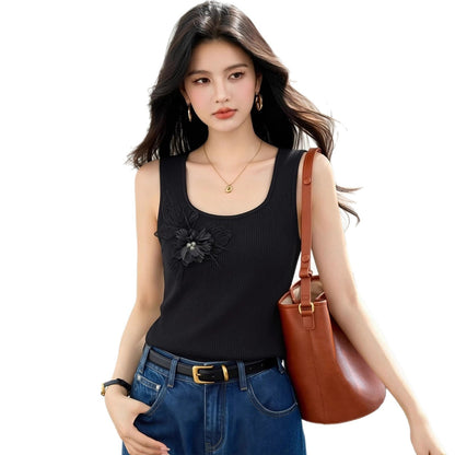 Fashionable Floral 3D Embellished U - Neck Sleeveless Crop Top for Women Slim Fit Design - UrbanNest Co