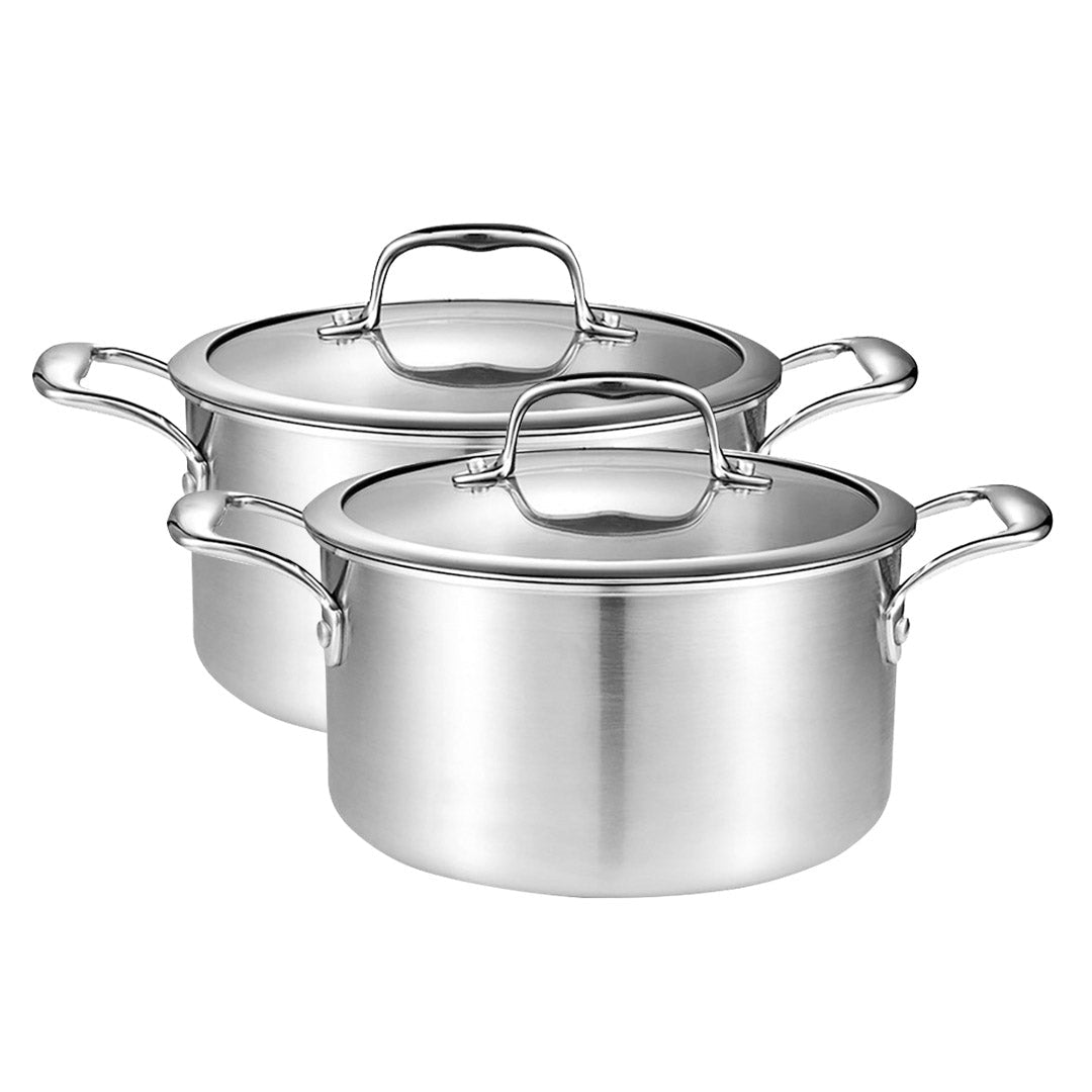 NNEAGS 2X 24cm Stainless Steel Soup Pot Stock Cooking Stockpot Heavy Duty Thick Bottom with Glass Lid - UrbanNest Co
