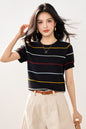 Color - block Stripe Short Knit Top Women's Short Sleeve Fitted Versatile Casual Style Top - UrbanNest Co