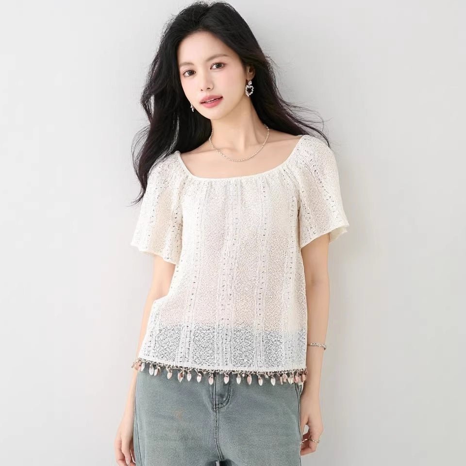 Cute Square Neck Fringe Sequin Short Sleeve Shirt for Women, Sweet Lace Baby Doll Top - UrbanNest Co