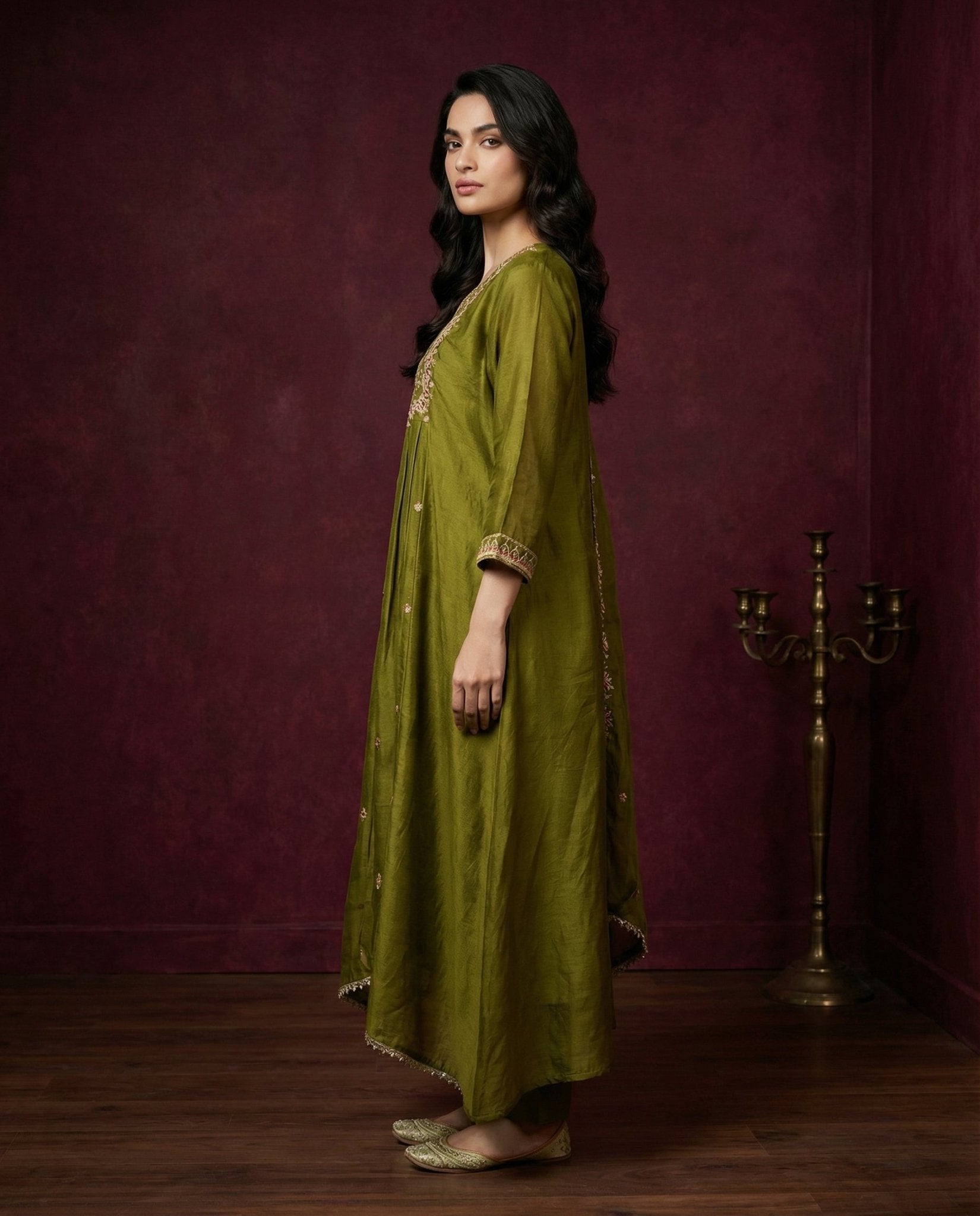 Olive Green Embroidered Kurta Set with Dupatta & Pants | Floral Thread Work - UrbanNest Co