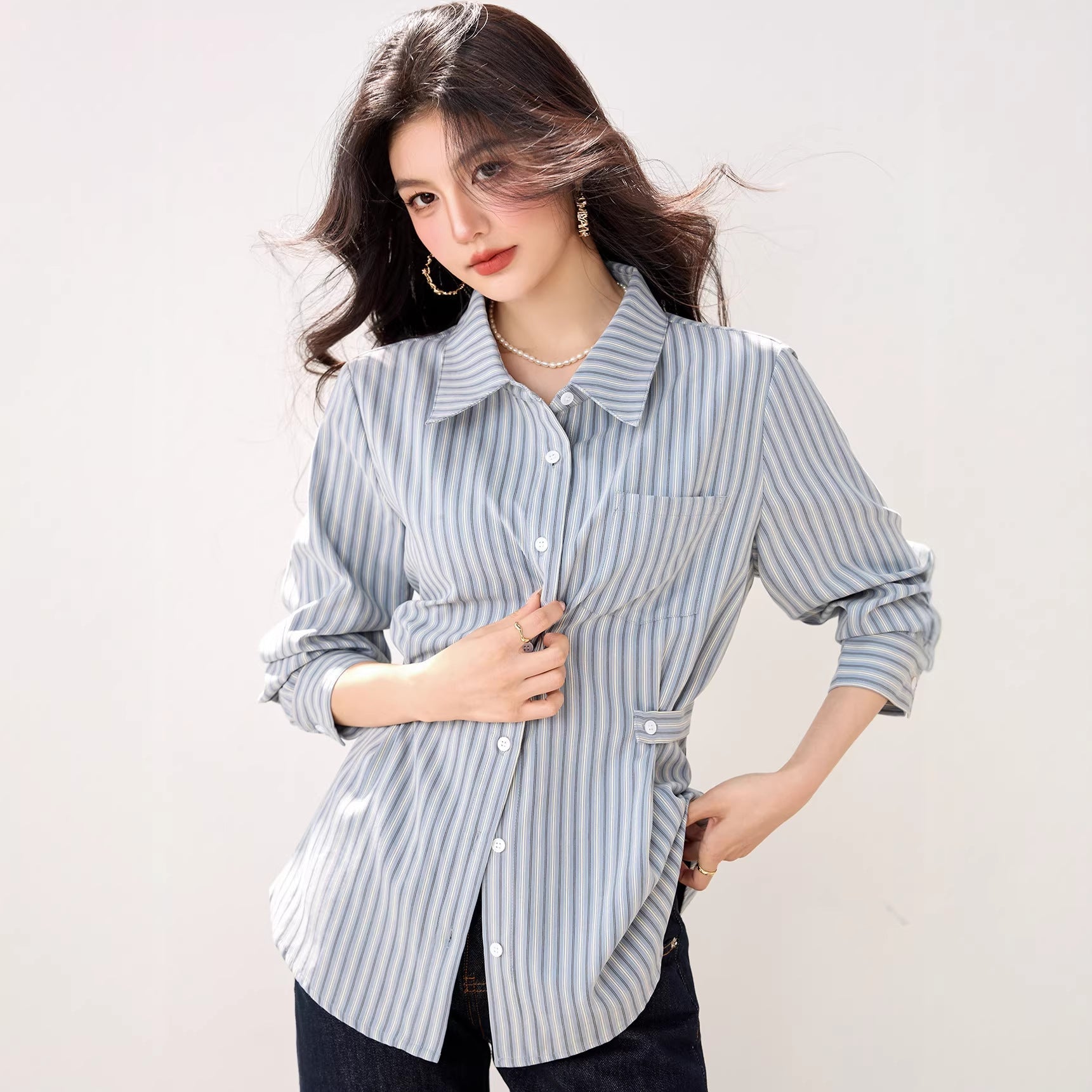 Blue Striped Polo Neck Shirt for Women Long Sleeve, Casual Design - UrbanNest Co