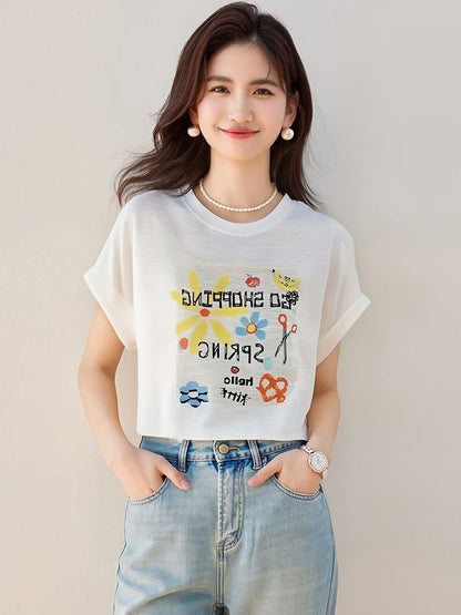 Bamboo Texture Linen Knit Short Sleeve T-Shirt Women Fashion Loose Bear Print Lightweight Layering Top - UrbanNest Co