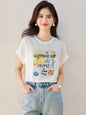 Bamboo Texture Linen Knit Short Sleeve T-Shirt Women Fashion Loose Bear Print Lightweight Layering Top - UrbanNest Co