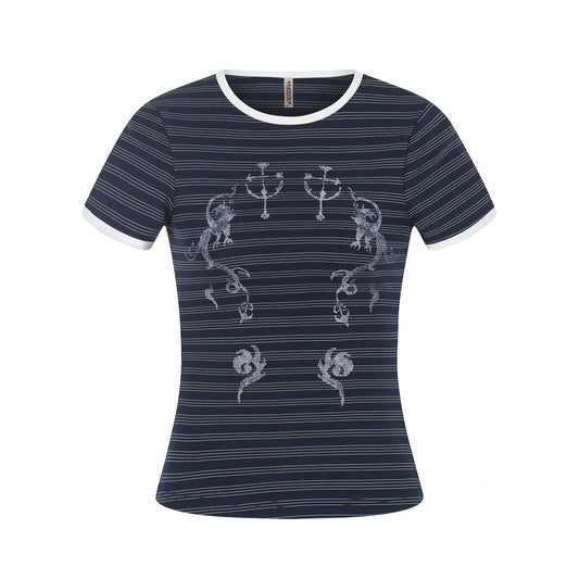 Wind Pattern Printed Stripe Short Sleeve T-Shirt Color - Blocking Edge Design - UrbanNest Co