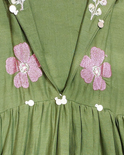 Olive Green Floral Embroidered Anarkali Kurta with Pants Set | Sequin & Embroidery Work - UrbanNest Co