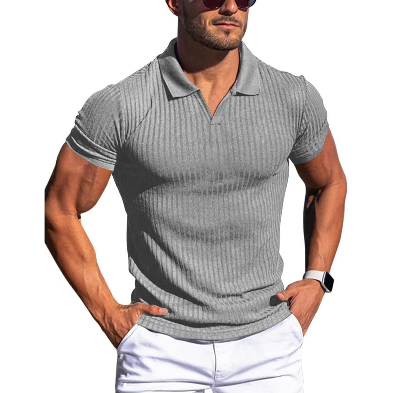 Men's POLO shirt, lapel, men's T-shirt, V - neck, short - sleeved, vertical striped POLO shirt - UrbanNest Co