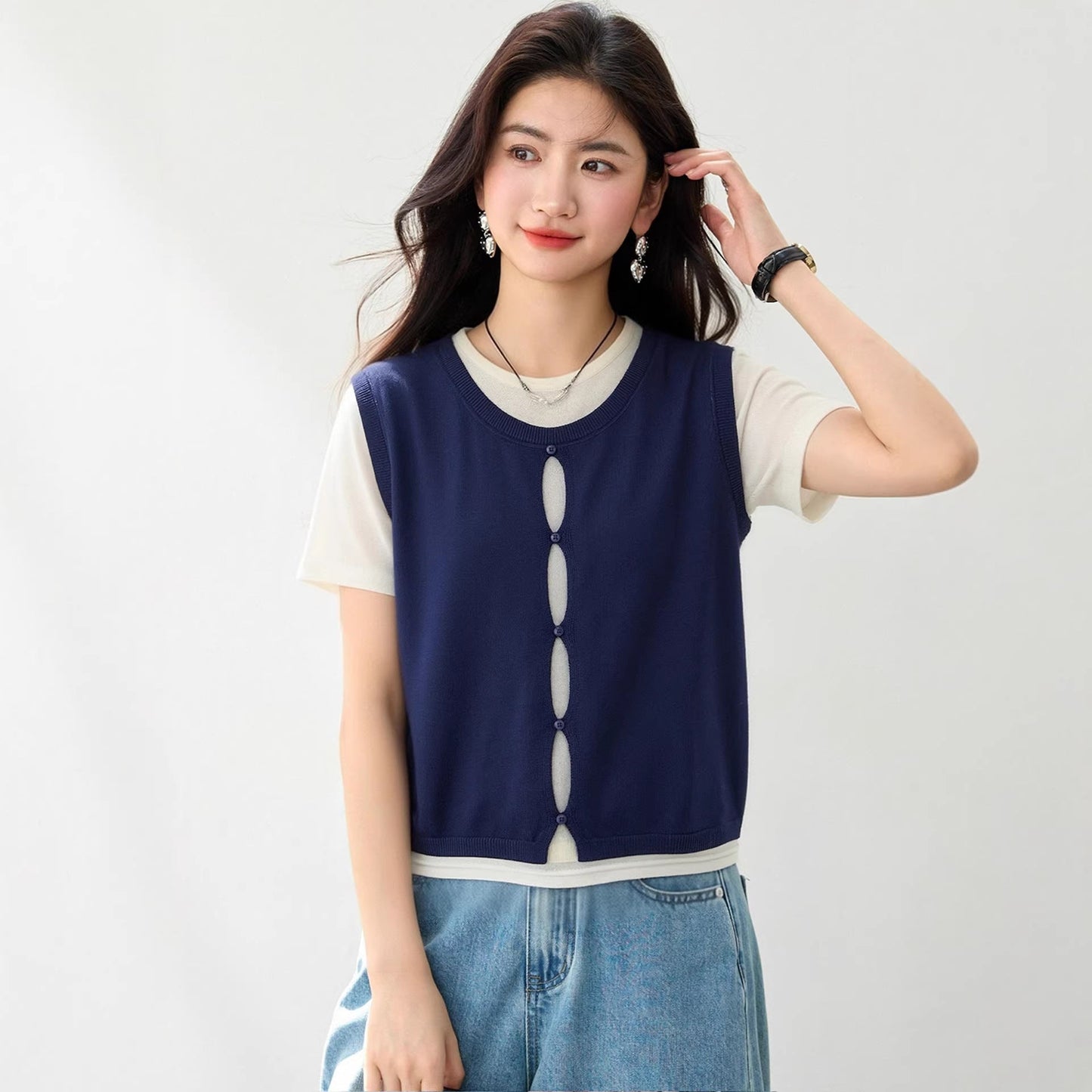 Simple Two - Piece Short Sleeve Top for WomenColor - Block Knit T-Shirt with Unique Design and Elegant Style - UrbanNest Co