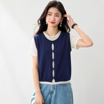 Simple Two - Piece Short Sleeve Top for WomenColor - Block Knit T-Shirt with Unique Design and Elegant Style - UrbanNest Co