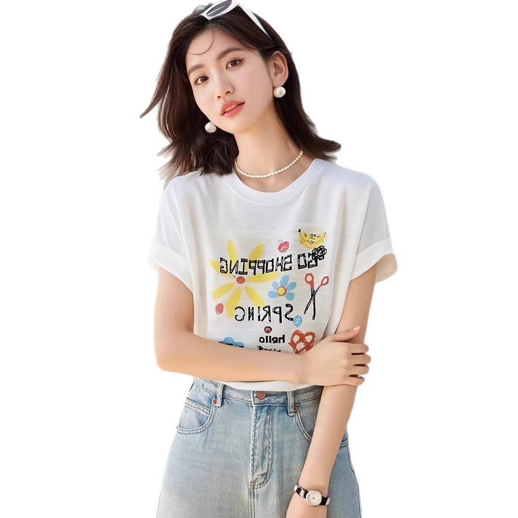 Bamboo Texture Linen Knit Short Sleeve T-Shirt Women Fashion Loose Bear Print Lightweight Layering Top - UrbanNest Co