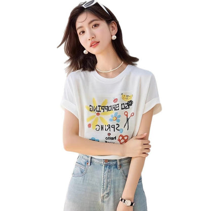 Bamboo Texture Linen Knit Short Sleeve T-Shirt Women Fashion Loose Bear Print Lightweight Layering Top - UrbanNest Co