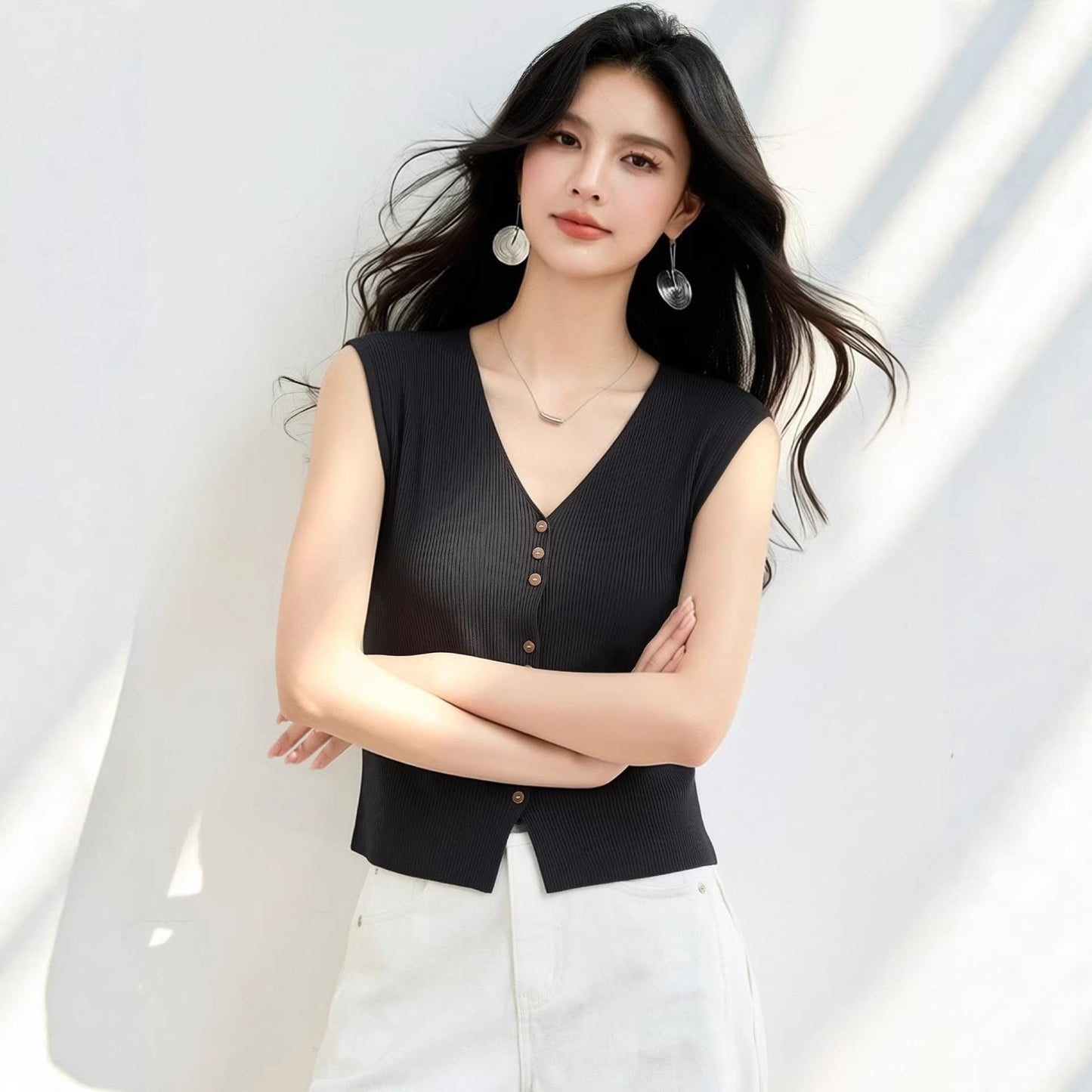 V - neck Knit Sleeveless Top for Women Single - Button Front, Lightweight Fitted Blouse, Slimming Vest - UrbanNest Co