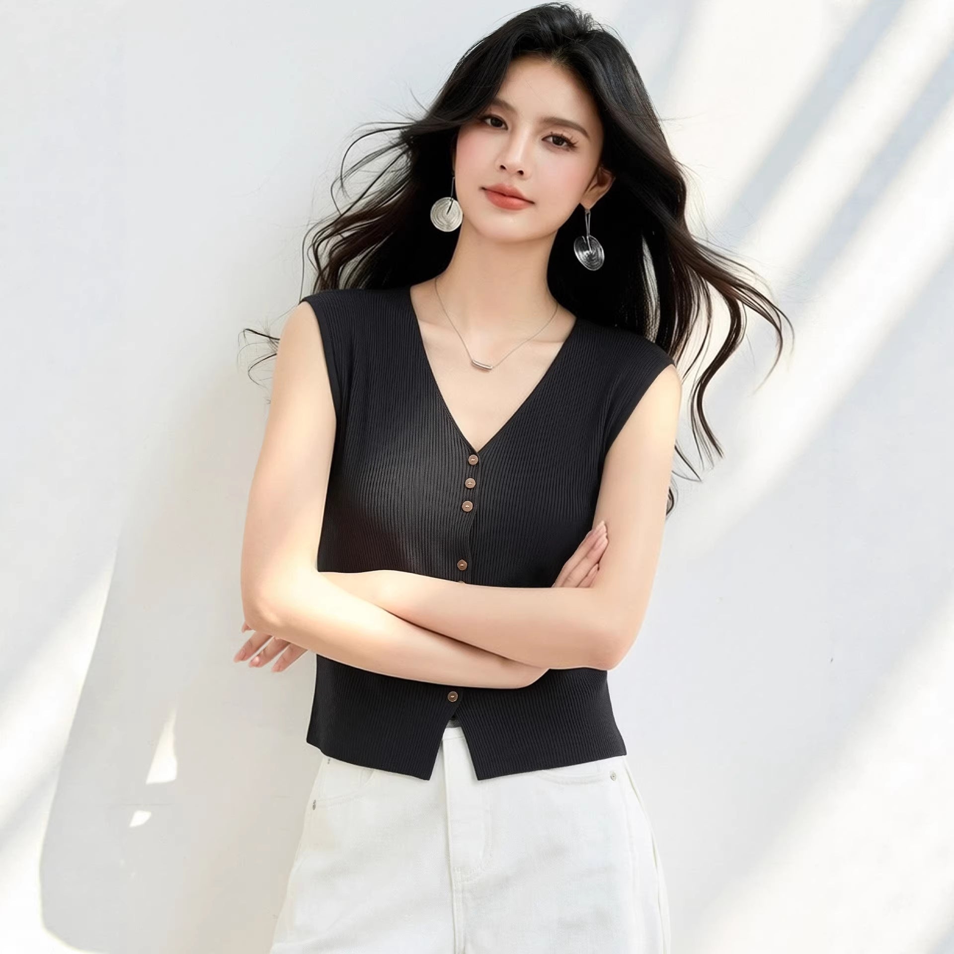 V - neck Knit Sleeveless Top for Women Single - Button Front, Lightweight Fitted Blouse, Slimming Vest - UrbanNest Co