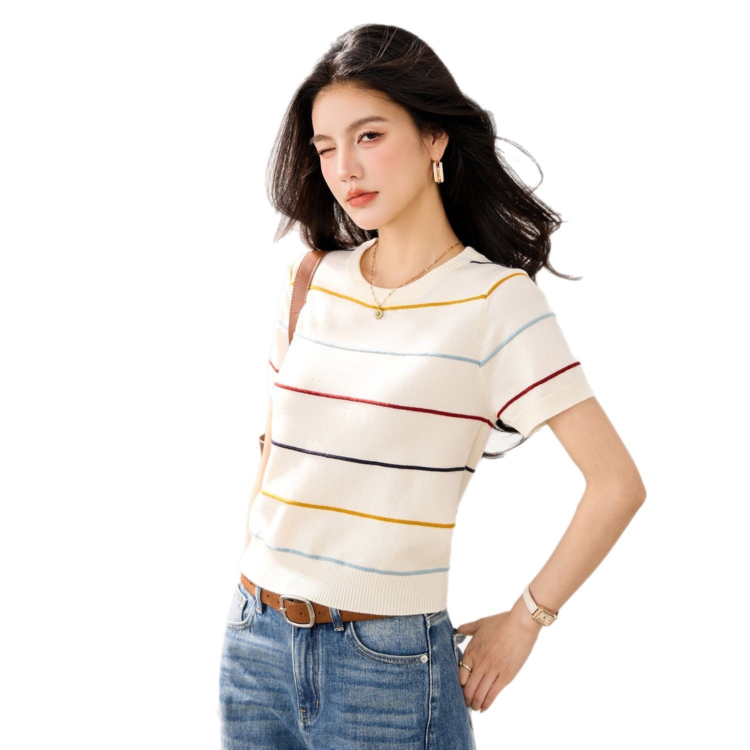 Color - block Stripe Short Knit Top Women's Short Sleeve Fitted Versatile Casual Style Top - UrbanNest Co