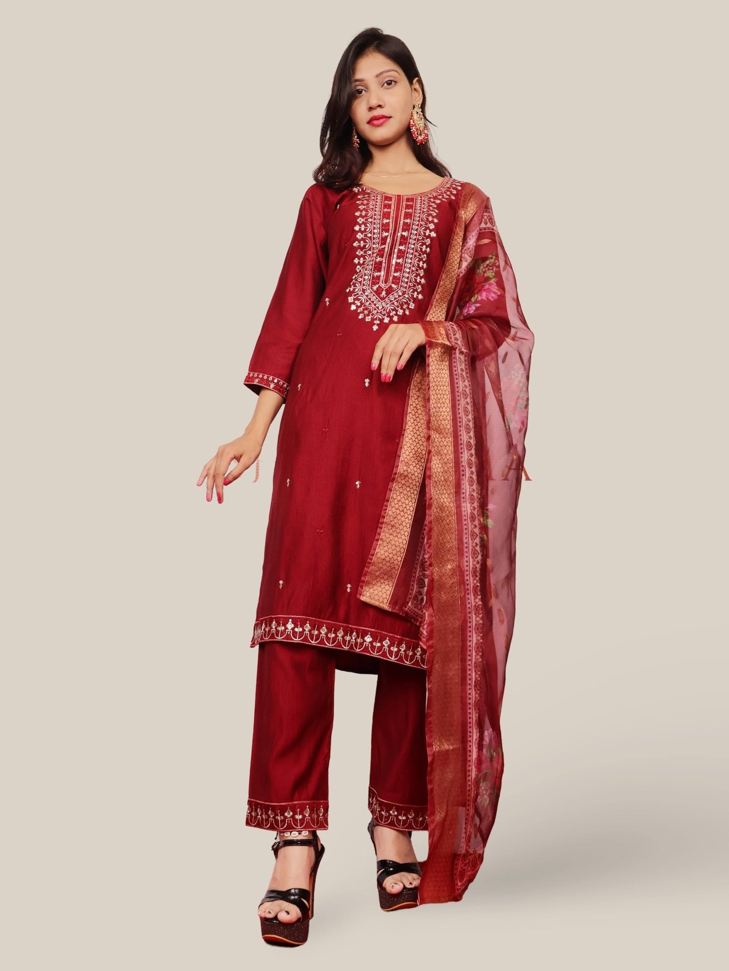 Rayon - Cotton Embroidered Straight Kurti with Pant and Dupatta - UrbanNest Co