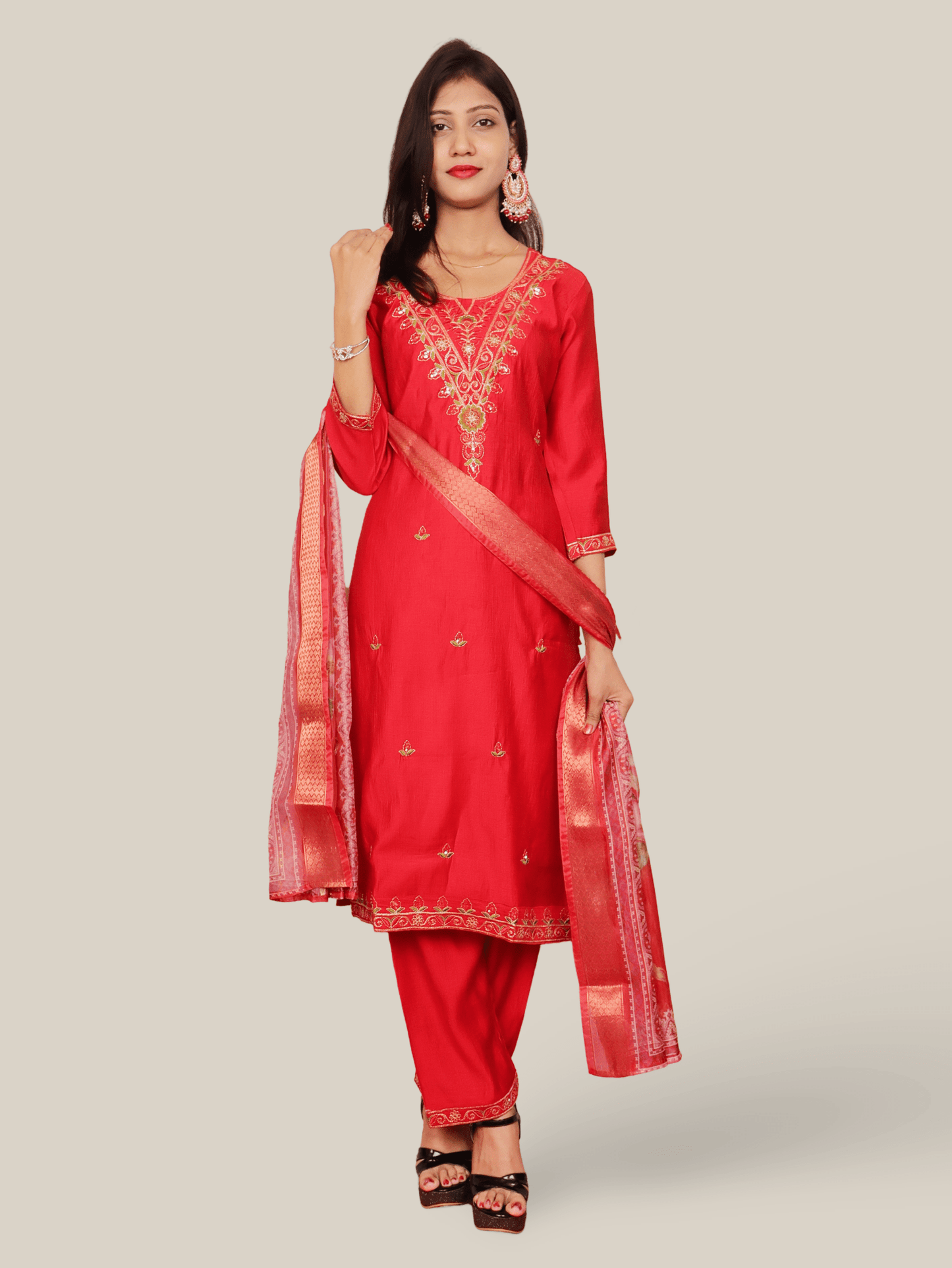 Vatican Silk Embroidered Straight Kurti with Pants and Dupatta - UrbanNest Co