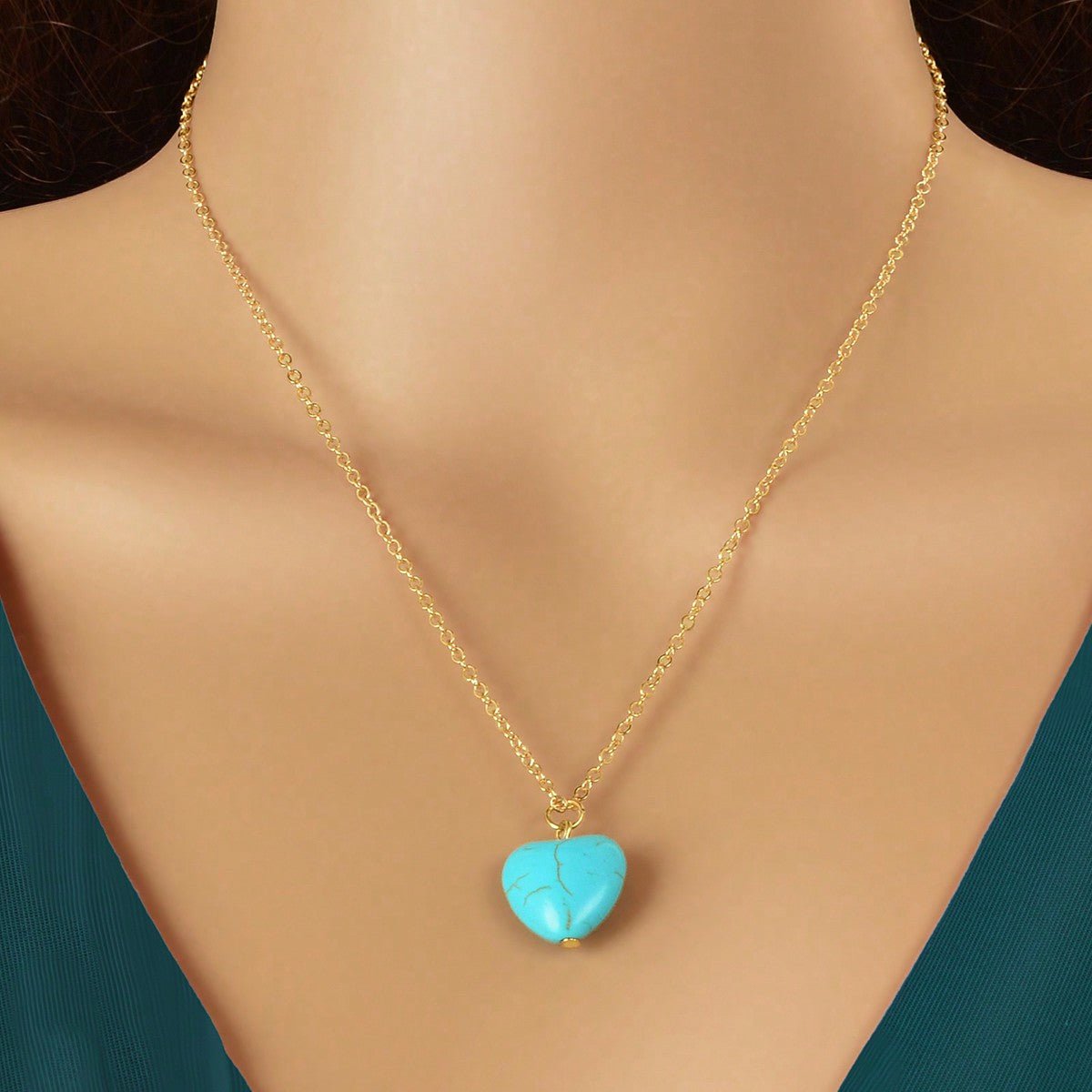 Fashion Gold Chain Turquoise Love Heart Pendant Necklace Boho Ethnic Accessories - UrbanNest Co