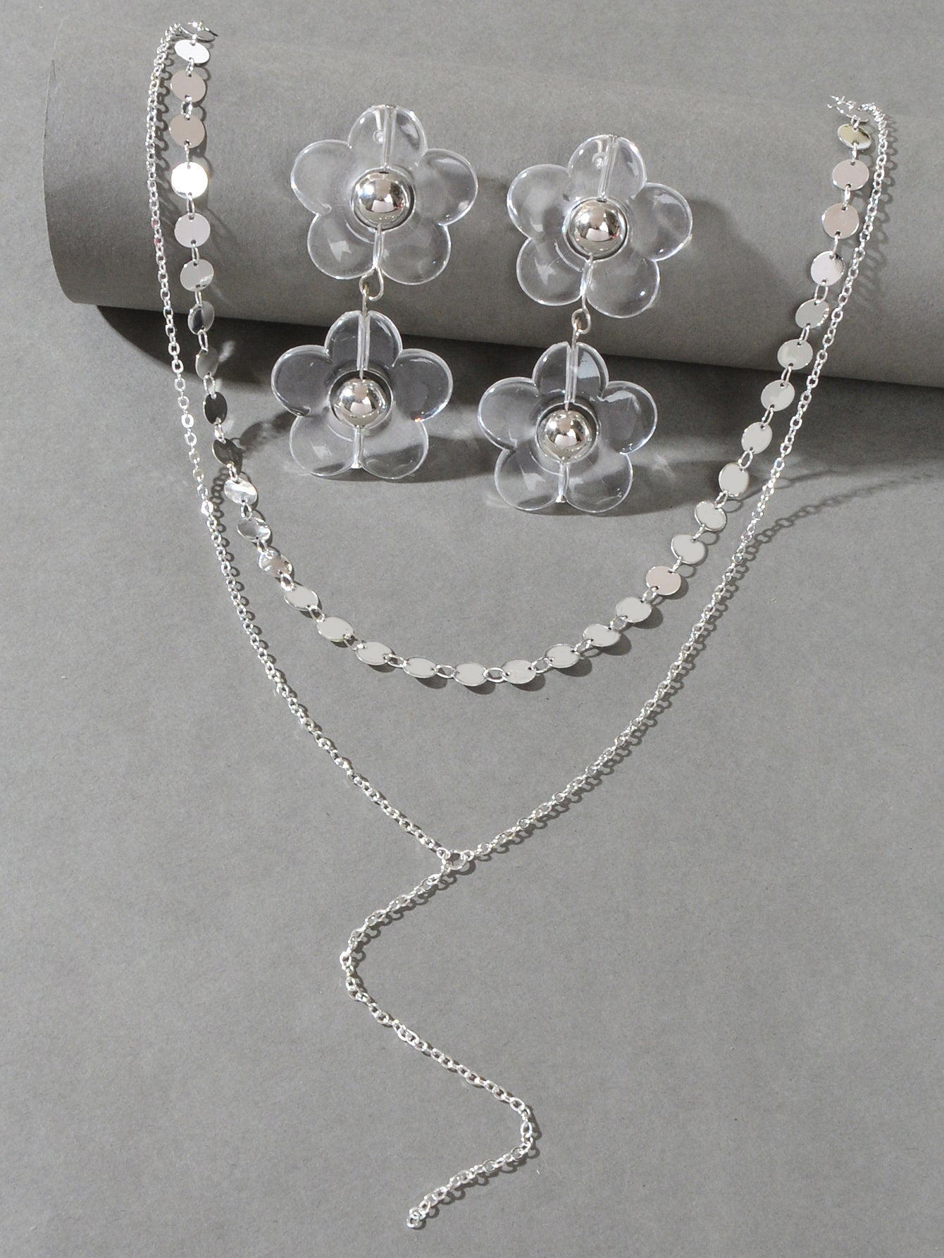 Multi - Layer Tassel Necklace Large Transparent Flower Stud Earrings Jewellery Set - UrbanNest Co