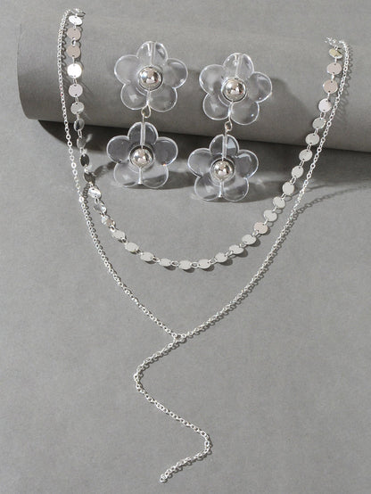Multi - Layer Tassel Necklace Large Transparent Flower Stud Earrings Jewellery Set - UrbanNest Co