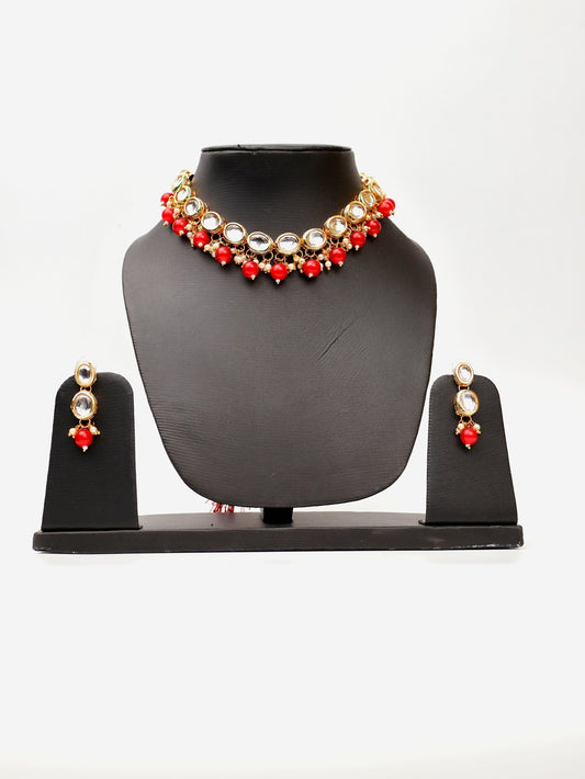 Kundan and Red Studs Necklace Set - UrbanNest Co