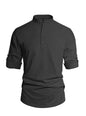 Men's Cotton Linen Henley Collar Solid Color Lightweight Long Sleeve Button - Down Shirt - UrbanNest Co