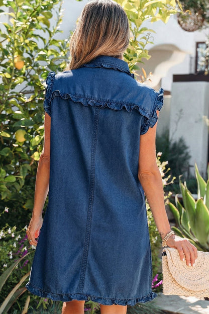 Denim Ruffle Edge Collared Button Up Dress - UrbanNest Co