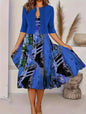 Two - piece long dress with floral and grass print, round neckline - UrbanNest Co