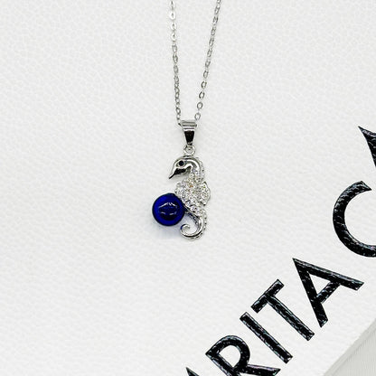 Sterling Silver Sea Horse Aroma Necklace - Navy | Energy & Healing | Diffuse on the go - UrbanNest Co