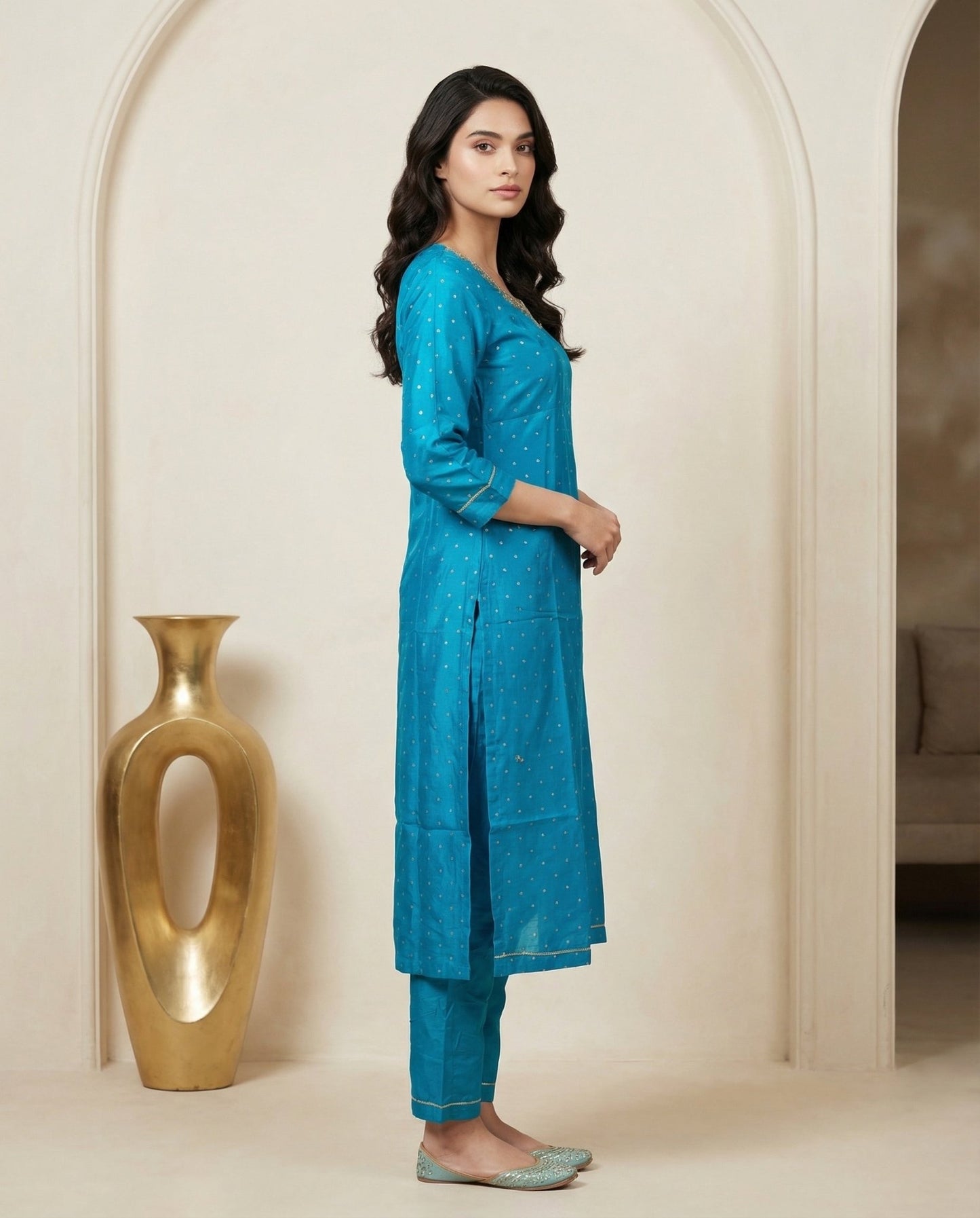 Teal Bandhani Dot Kurta Suit Set with Pearl Zardozi Neck & Ombre Leheriya Dupatta - UrbanNest Co