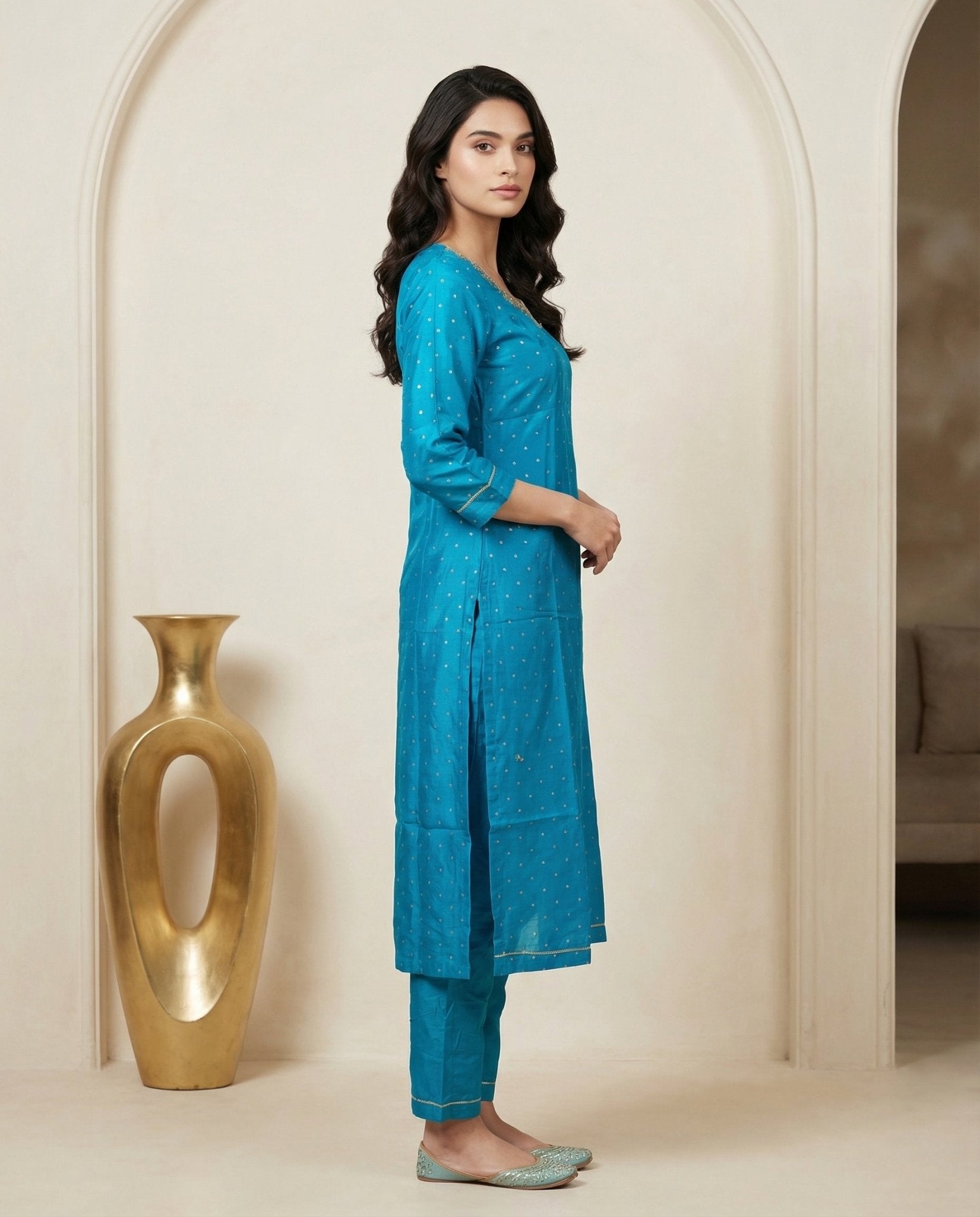 Teal Bandhani Dot Kurta Suit Set with Pearl Zardozi Neck & Ombre Leheriya Dupatta - UrbanNest Co