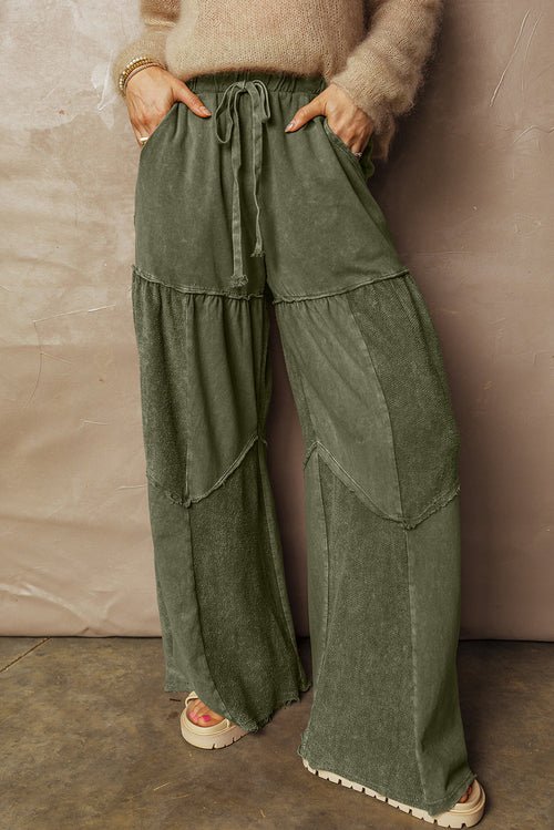 Mineral Wash Patchwork Tiered Wide Leg Pants - UrbanNest Co