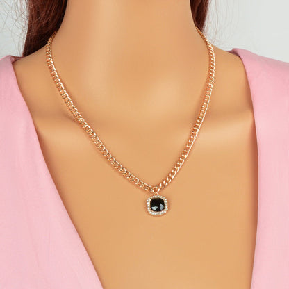 Exquisite Gold Chain Rhinestone Decor Black Square Pendant Women Dinner Necklace - UrbanNest Co