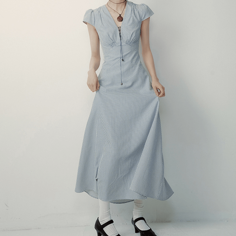Type of clothing Classic Vichy Check Cotton High - Waisted V - Neck Dress with Proportional Fit - UrbanNest Co