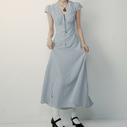 Type of clothing Classic Vichy Check Cotton High - Waisted V - Neck Dress with Proportional Fit - UrbanNest Co