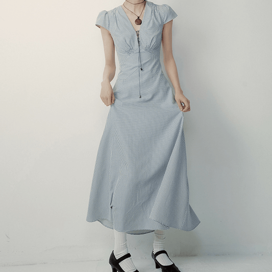 Type of clothing Classic Vichy Check Cotton High - Waisted V - Neck Dress with Proportional Fit - UrbanNest Co