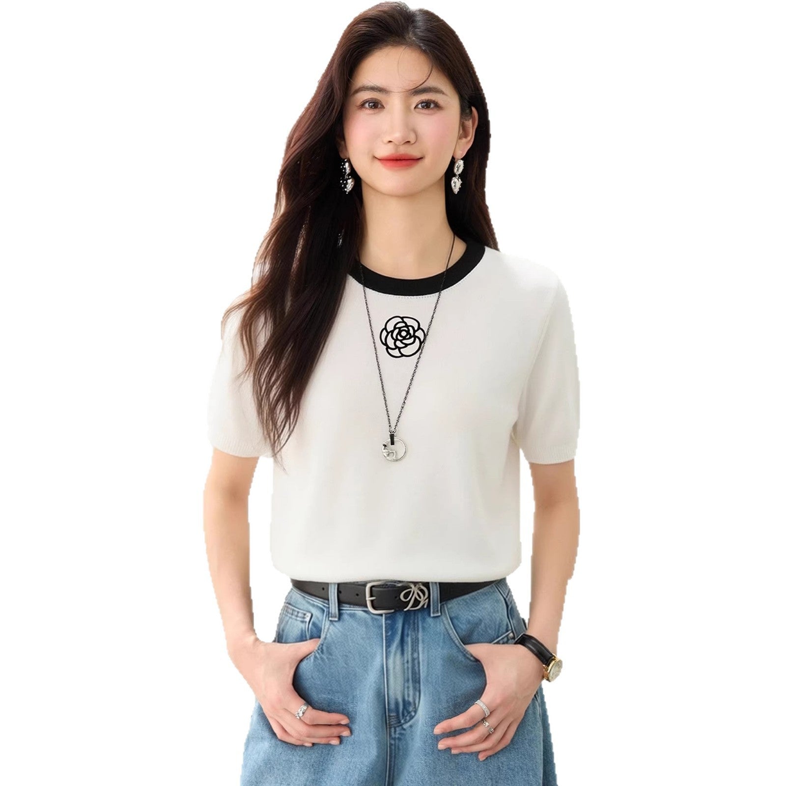 Camellia Embroidery Ice Silk Short Sleeve T-Shirt for WomenRegular Shoulde Body Concealing Top - UrbanNest Co