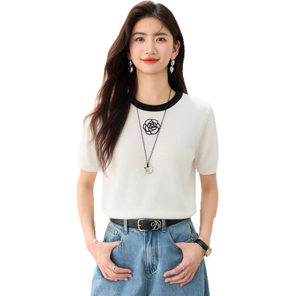 Camellia Embroidery Ice Silk Short Sleeve T-Shirt for WomenRegular Shoulde Body Concealing Top - UrbanNest Co