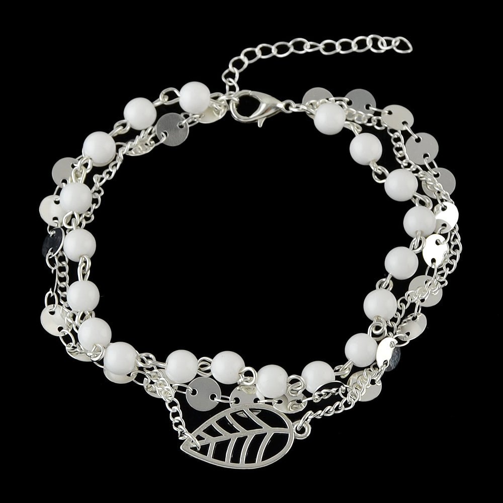 1 pc Foot Beach Jewellery Gold Silver Multi - layer Chain White Beads Leaf Anklet - UrbanNest Co
