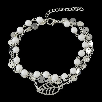 1 pc Foot Beach Jewellery Gold Silver Multi - layer Chain White Beads Leaf Anklet - UrbanNest Co