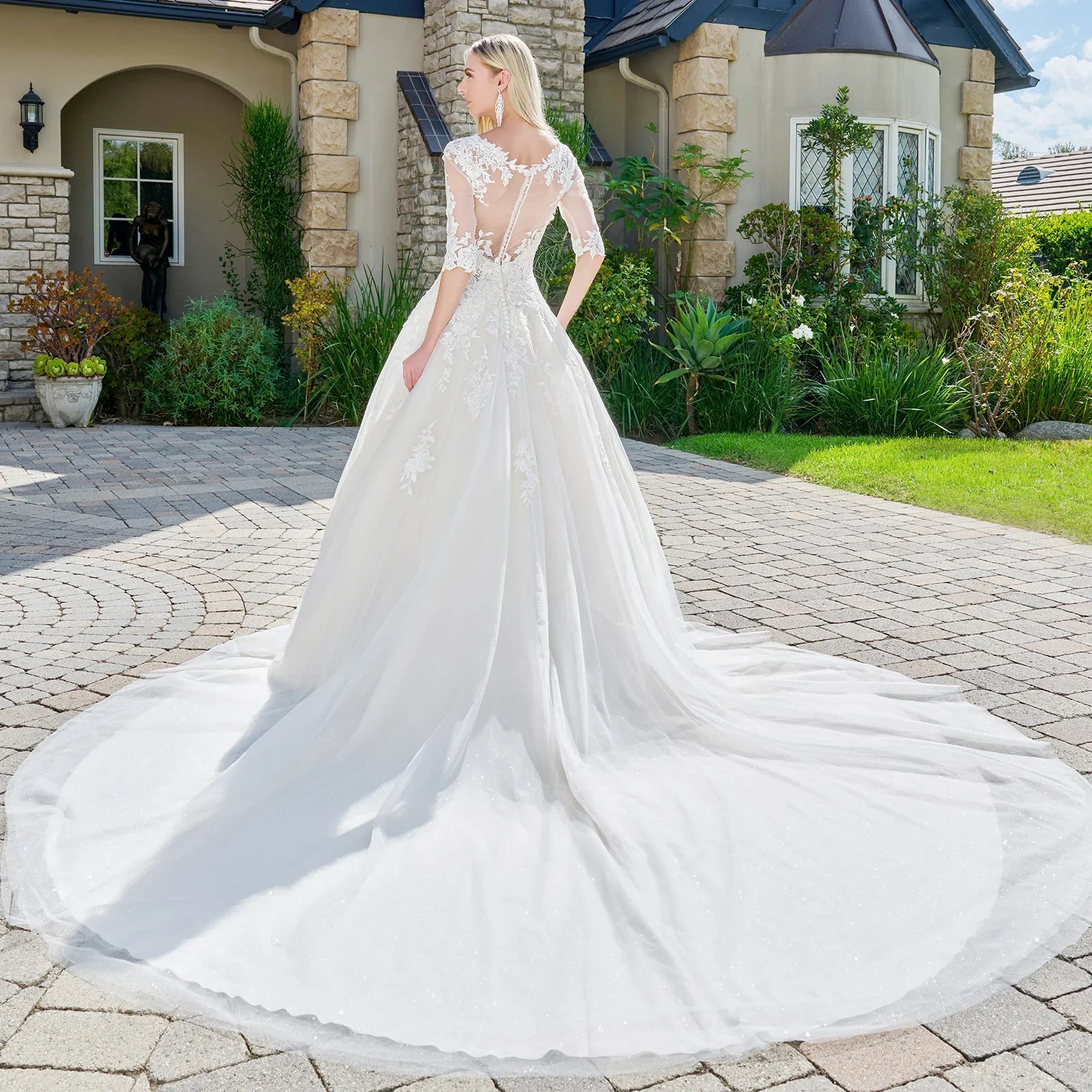 Wedding dress with V - neck, embroidered sparkly mesh and 1/2 sleeves - UrbanNest Co