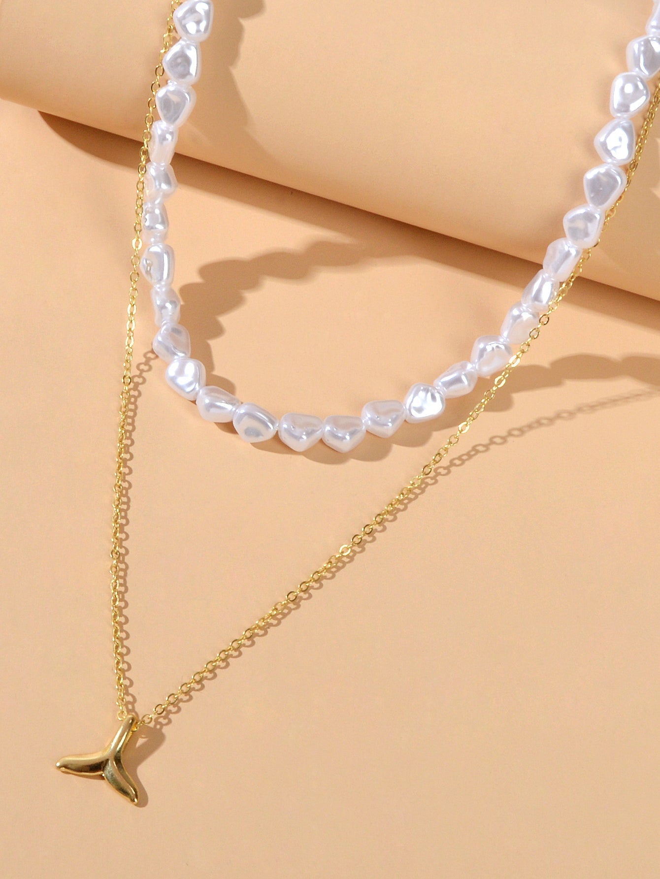 Textured Accessories Double layer Chain Pearl Choker Fish Tail Pendant Necklace - UrbanNest Co