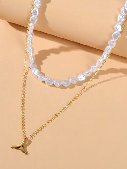Textured Accessories Double layer Chain Pearl Choker Fish Tail Pendant Necklace - UrbanNest Co