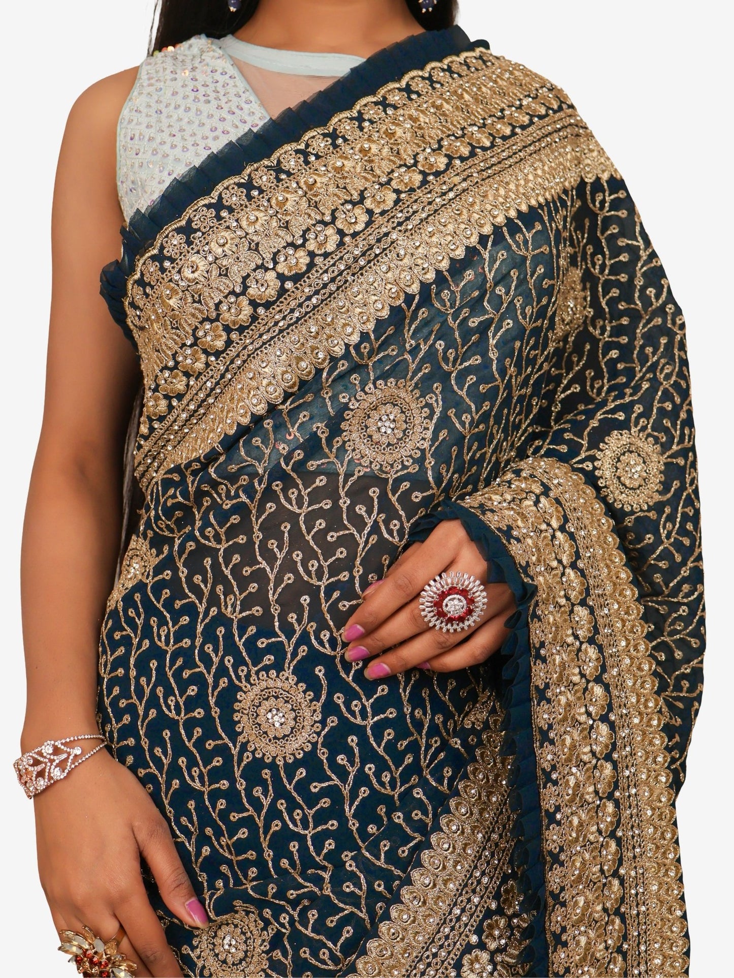 Designer Saree with Stone & Heavy Zari Work Embroidery Work by Shreekama - UrbanNest Co