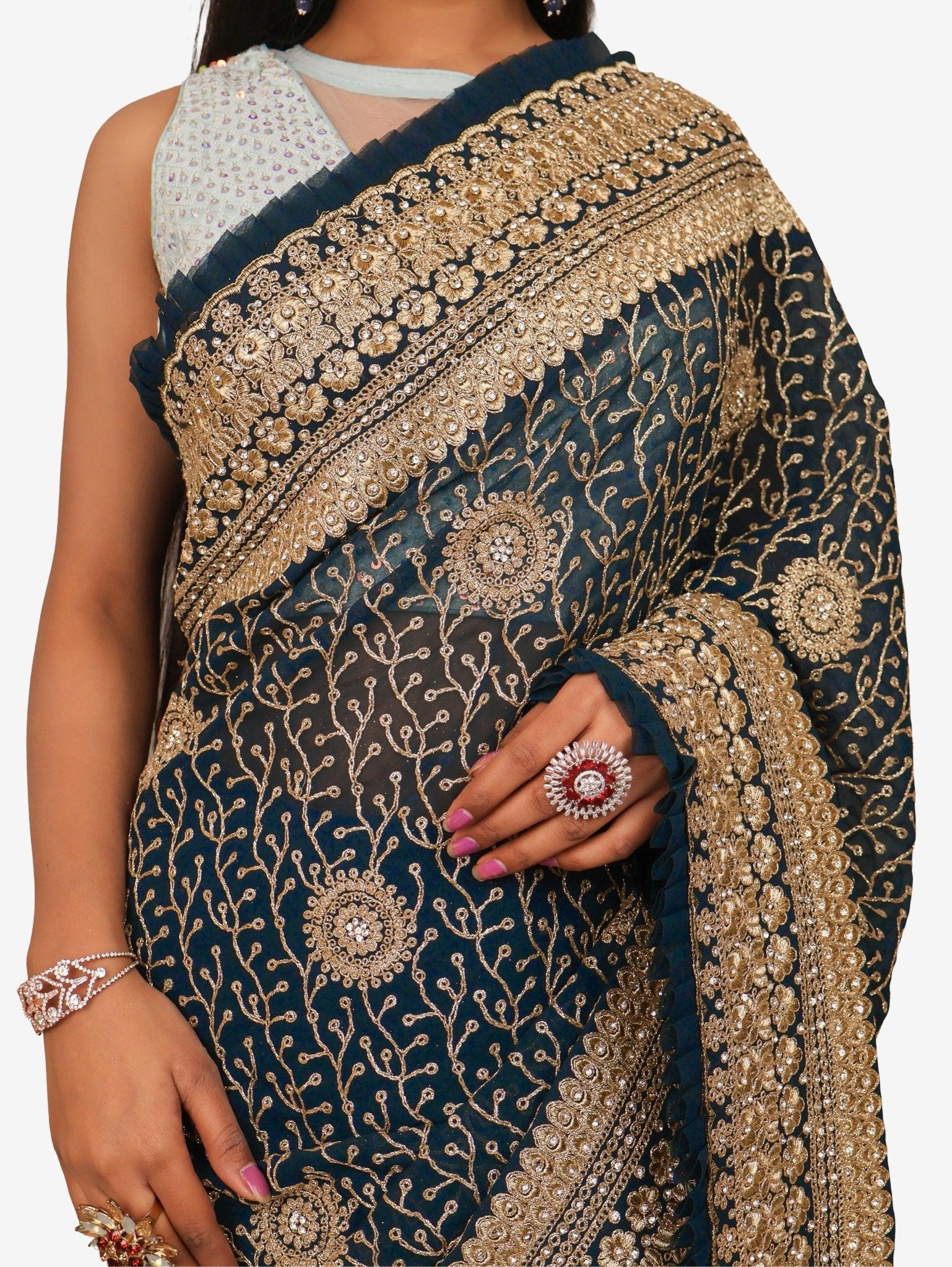Designer Saree with Stone & Heavy Zari Work Embroidery Work by Shreekama - UrbanNest Co