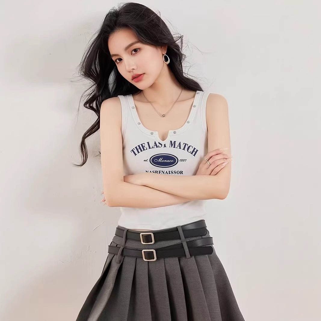 Letter Print Crop Top for Women, Solid Color V - Neck Studded Fitted Casual Sporty Innerwear Top - UrbanNest Co